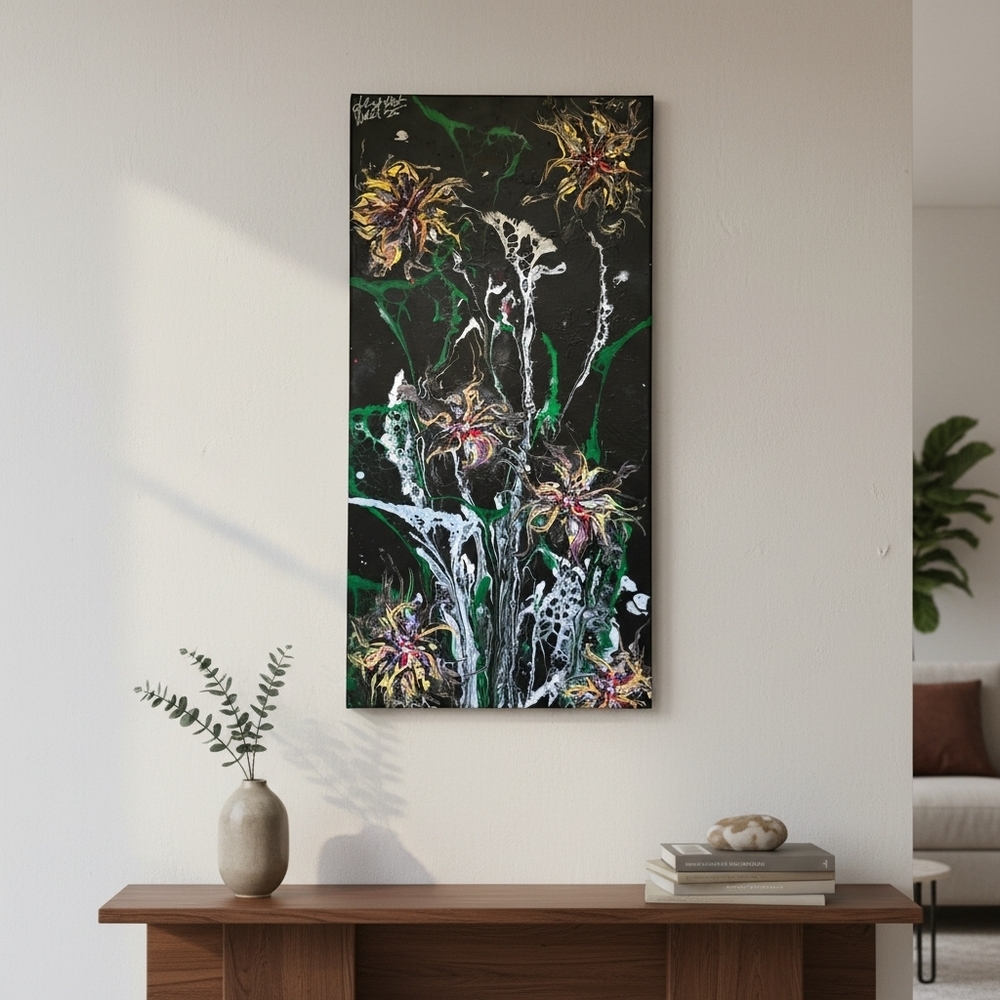 HANDCRAFTED Abstract Floral Painting HANDPAINTED & HANDMADE Wall Art Decor 15x30